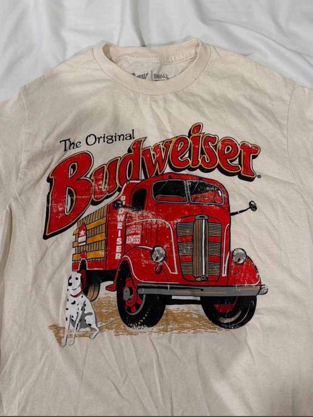 Cropped Budweiser Cream Tee with Red Truck Graphic